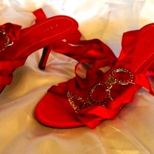 Red Evening Heels With Red Ribbon Lace Up. Size 6